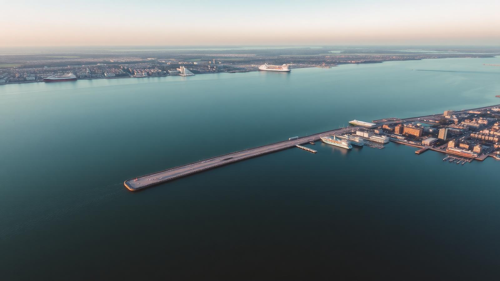 Aerial view of the Southampton coastline and harbour at dawn