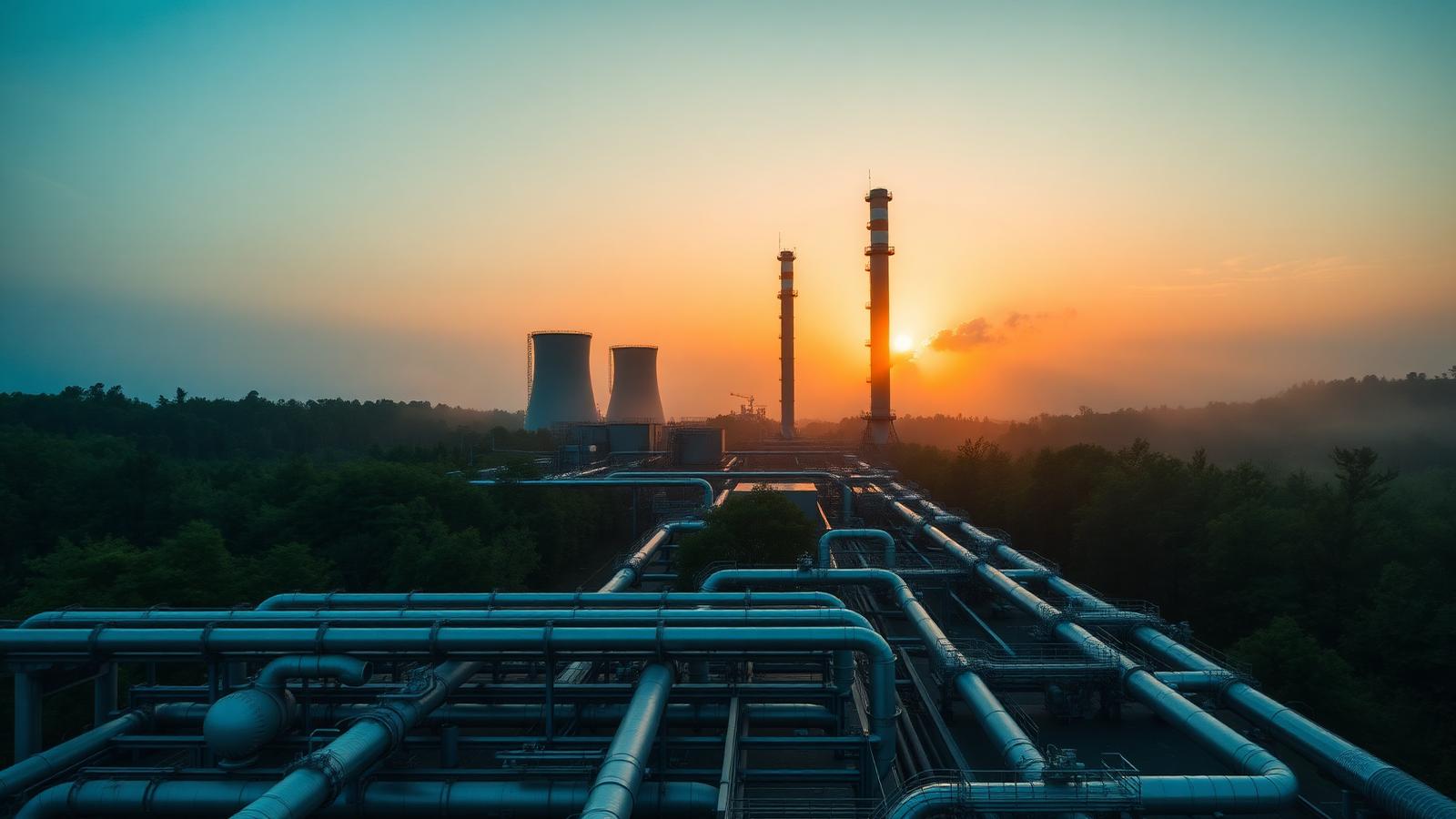 Carbon capture plant with steel pipework surrounded by forest at golden hour